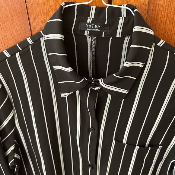 Large Black and White Striped Button down Blouse. Worn only once. - Picture 2 of 4